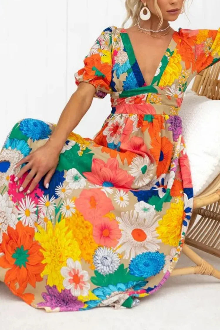 Jurk met Pofmouwen en Bloemenprint voor Vrouw