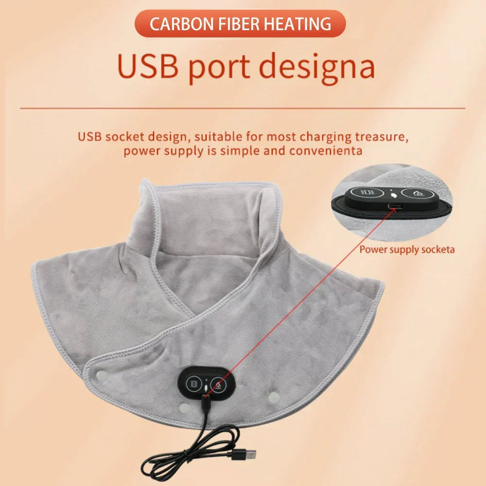Verwarmde Nek- en Schoudermassager met Vibratie USB Warmtekussen Draagbaar Ergonomisch Plüche 3 Temperatuurstanden Timer Grijs voor Thuis Kantoor