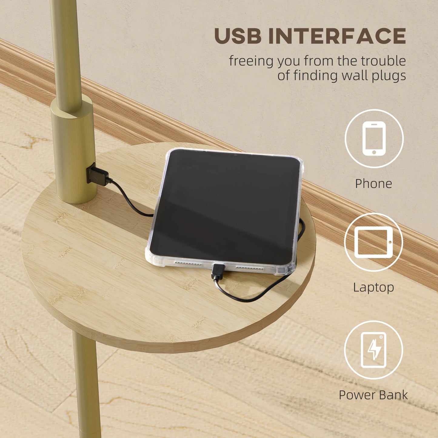 Booglamp Vloerlamp Met Plank En USB Poort Goud Metaal 170cm