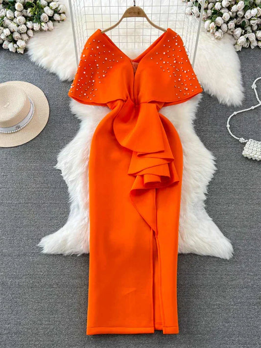 Mouwloze Avondjurk Oranje Vintage Stijl Dame Jurk - StudioMarella