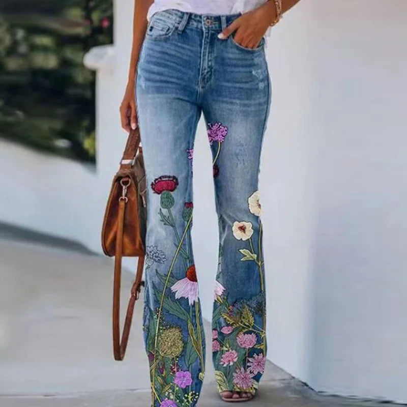 Vrouwelijke Jeans Broek Bloemenprint Zomercollectie