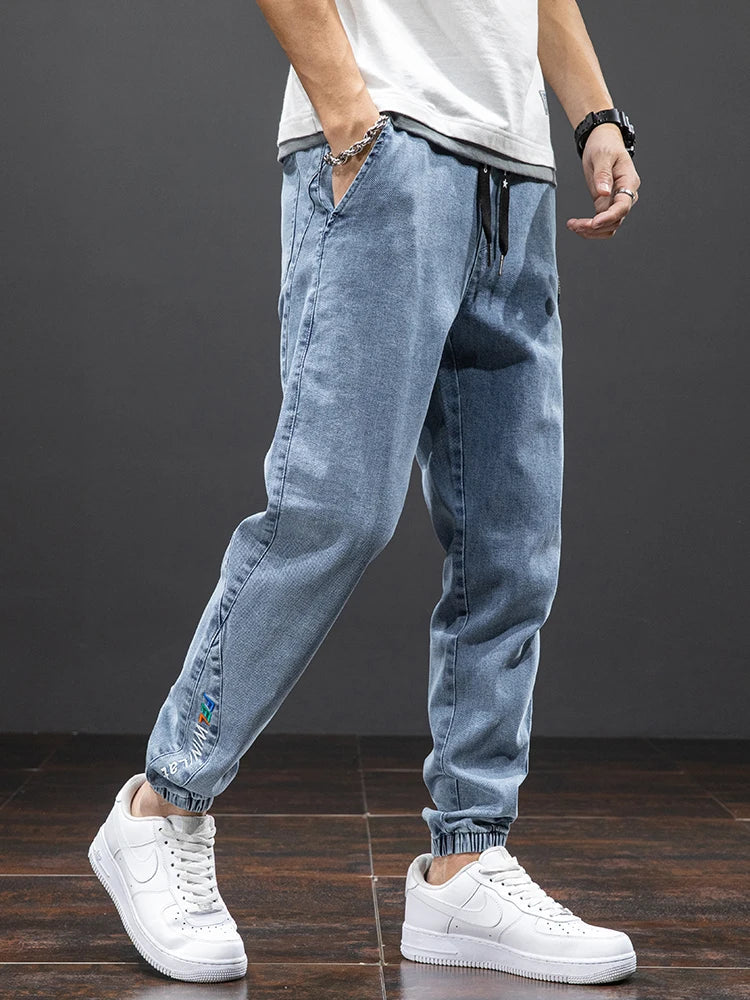 Heren Jogger Broek Blauwe Denim Comfortabele Fit