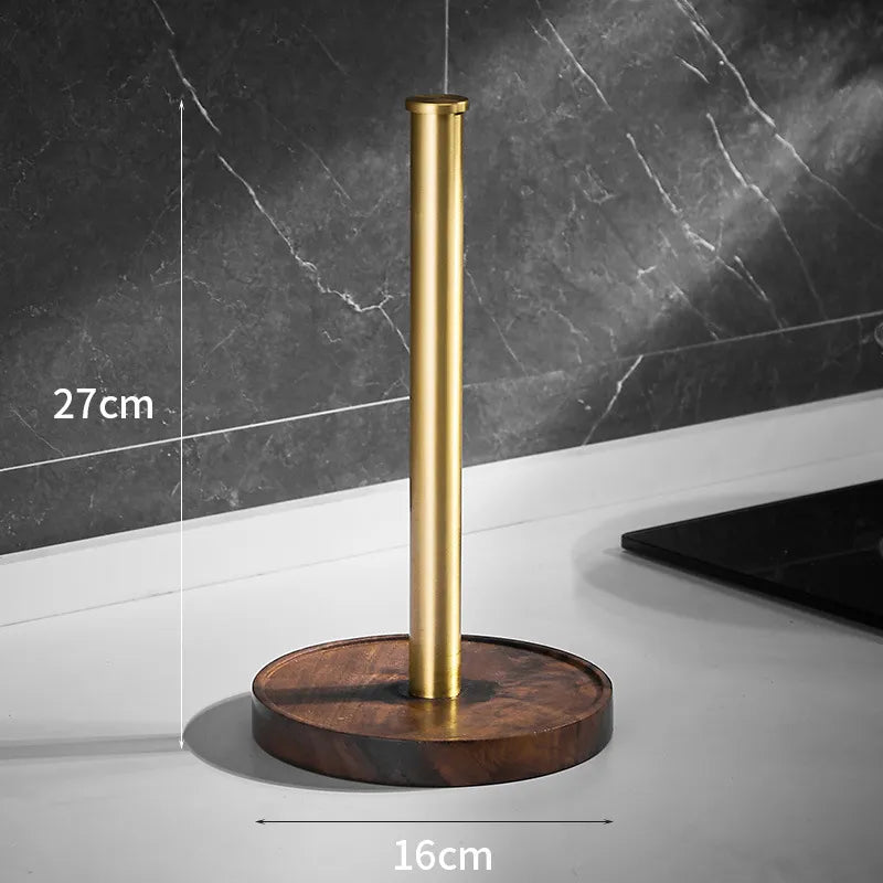 Keukenrolhouder Walnoot Hout Goud RVS 27cm Aanrecht | Keukenpapier Houder Staand Luxe Keuken