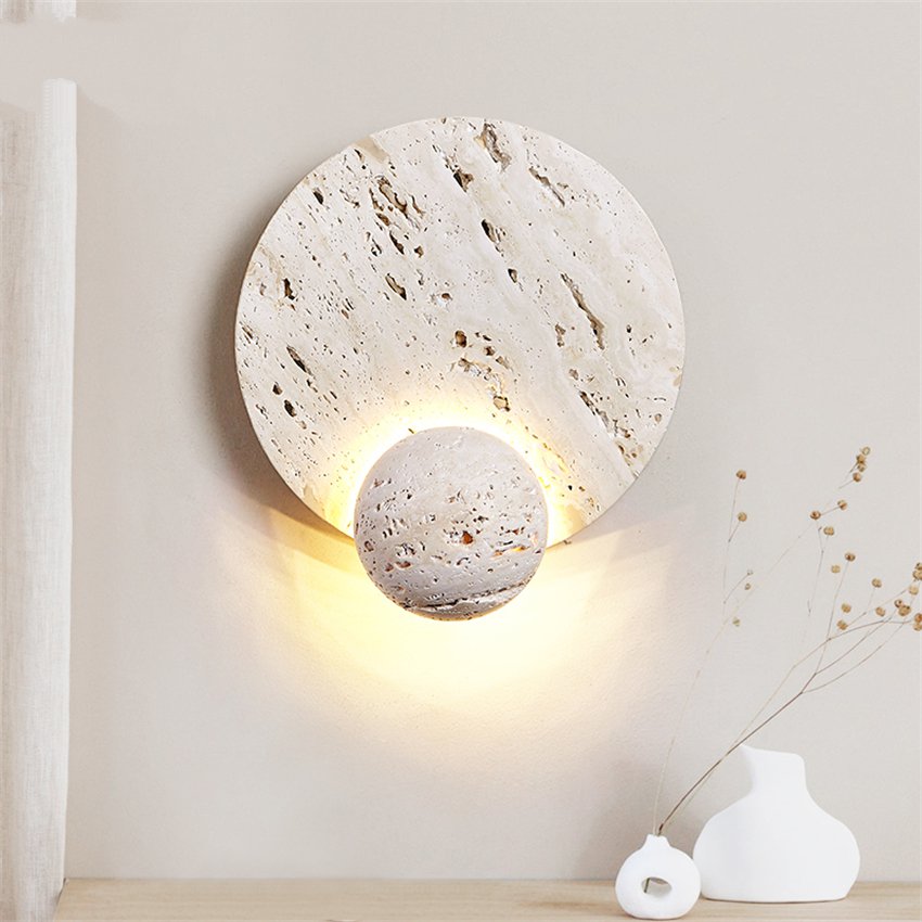 Japandi Wandlamp Travertijn Rond Eclipse Bol Warm Licht Slaapkamer Woonkamer Natuursteen