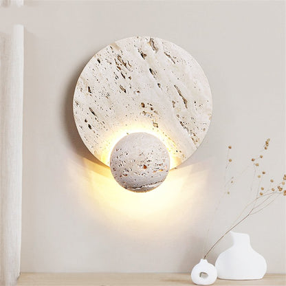 Japandi Wandlamp Travertijn Rond Eclipse Bol Warm Licht Slaapkamer Woonkamer Natuursteen