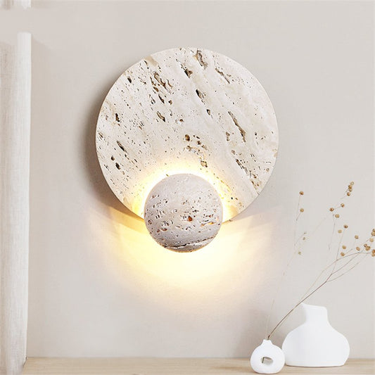 Japandi Wandlamp Travertijn Rond Eclipse Bol Warm Licht Slaapkamer Woonkamer Natuursteen