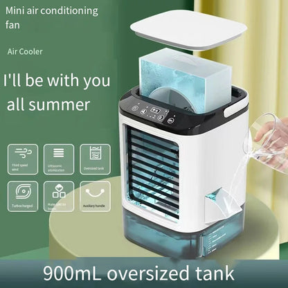 Mobiele Aircooler met Waterreservoir 900ml – Mini Luchtkoeler met Verneveling & LED – 3 Standen – Draagbare Airco voor Slaapkamer & Bureau