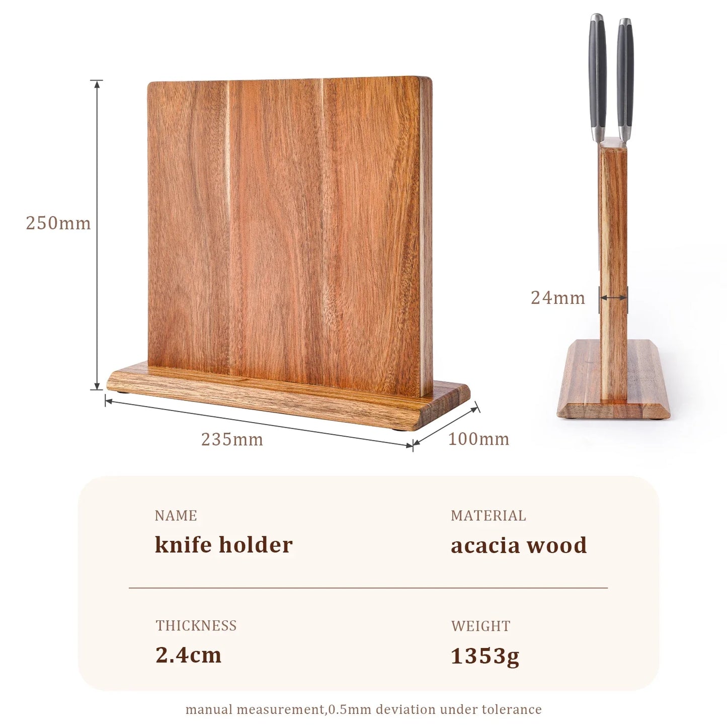 Magnetische Messenhouder Acaciahout Keuken Messenblok Standaard Tafelblad Opbergrek Zonder Boren Knifeblock Naturel