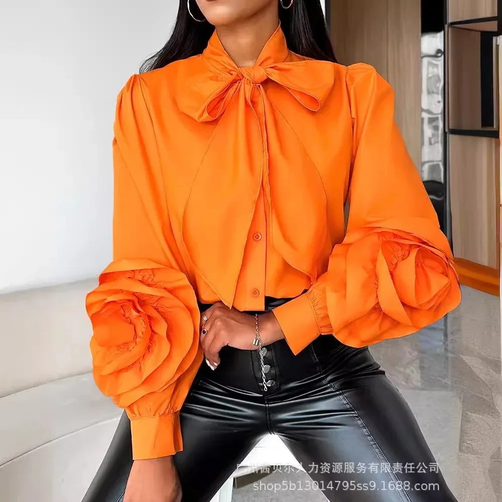Vrouwen Strikshirt Bloemenpatroon Oranje