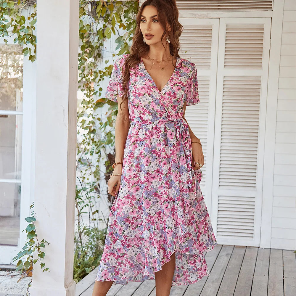 Dames Zomerjurk Korte Mouwen V-hals Mooi Model