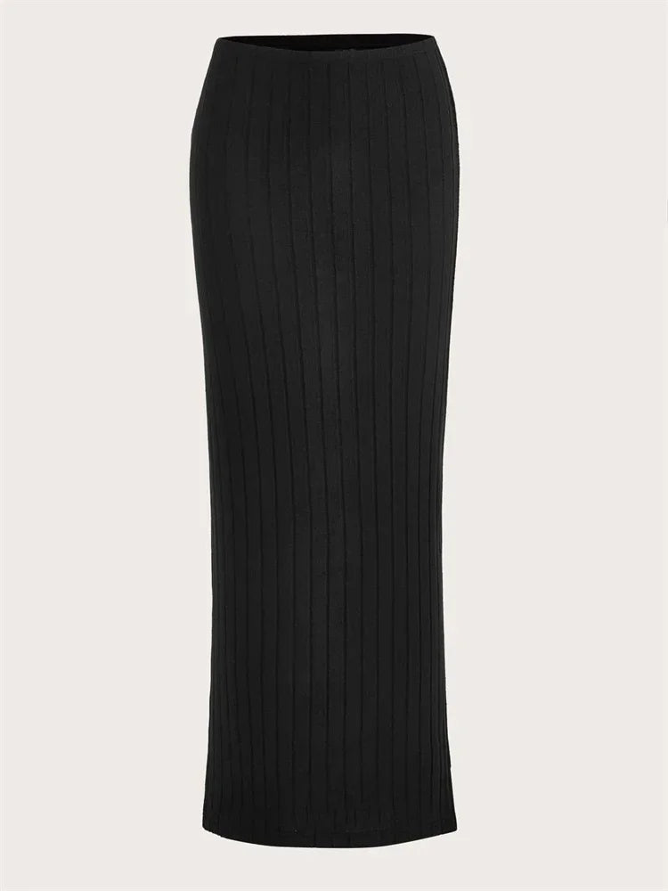 Midi Kokerrok Hoge Taille Ribgebreid
