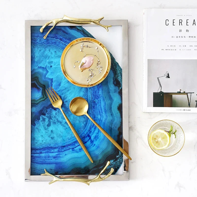 Decoratief Dienblad met Blauwe Agaatpatroon – Elegant Serveerblad met Glazen Inleg en Edelstalen Rand – Uniek Natuursteen Design voor Tafel en Interieur