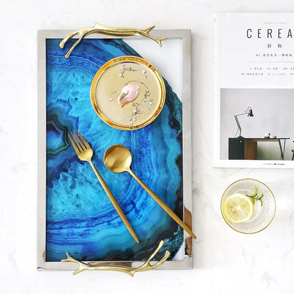 Decoratief Dienblad met Blauwe Agaatpatroon – Elegant Serveerblad met Glazen Inleg en Edelstalen Rand – Uniek Natuursteen Design voor Tafel en Interieur