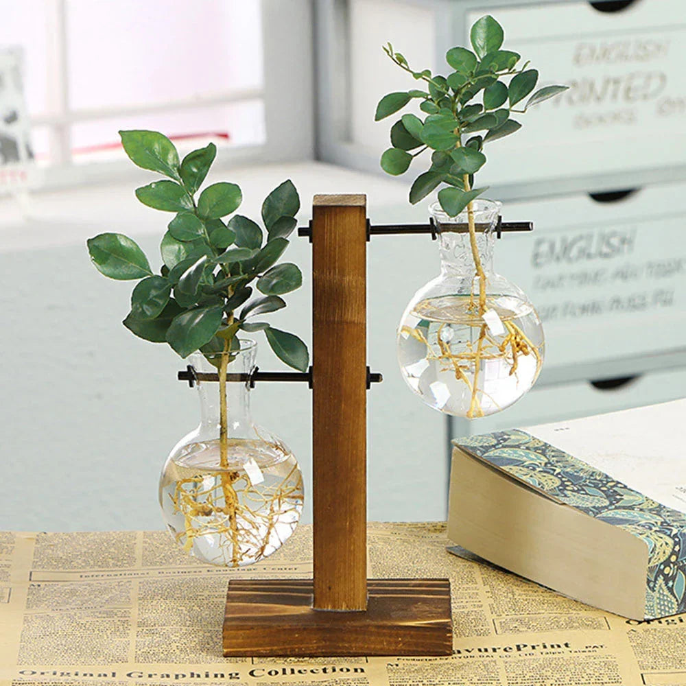 Glazen Vaas op Houten Standaard Decoratief Retro Hydroponics Plantenpot Transparant Glas Sfeeraccent voor Bloemen en Stekjes