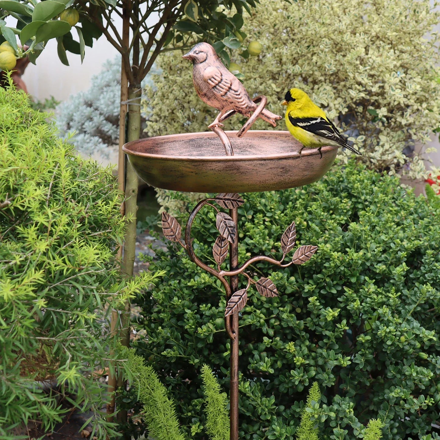 Vogelbad Metaal Koper Look 76cm 87cm Ø24cm Tuin Terras Decoratief Vogeldrinktrog Sieraad Grondpen Vintage Wildvogel Baden Drinken