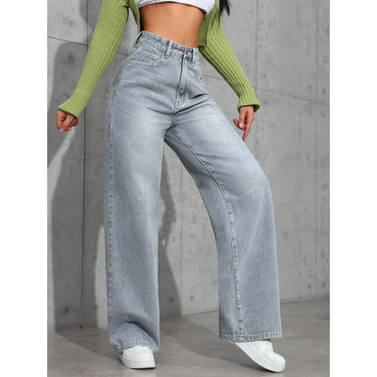 Dames High Waist Wide Leg Jeans Grote Pasvorm Gewassen Look