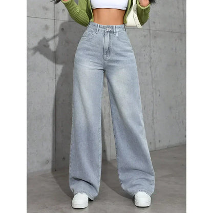 Dames High Waist Wide Leg Jeans Grote Pasvorm Gewassen Look