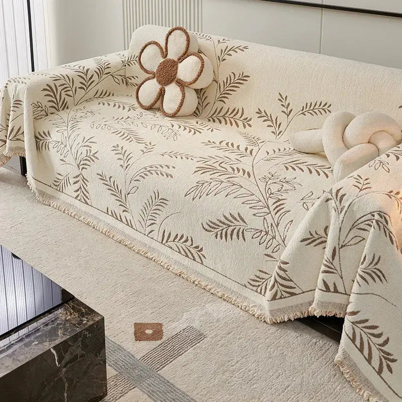 Chenille Jacquard Bankbeschermer met Bladpatroon – Antislip Bankhoes Bescherming