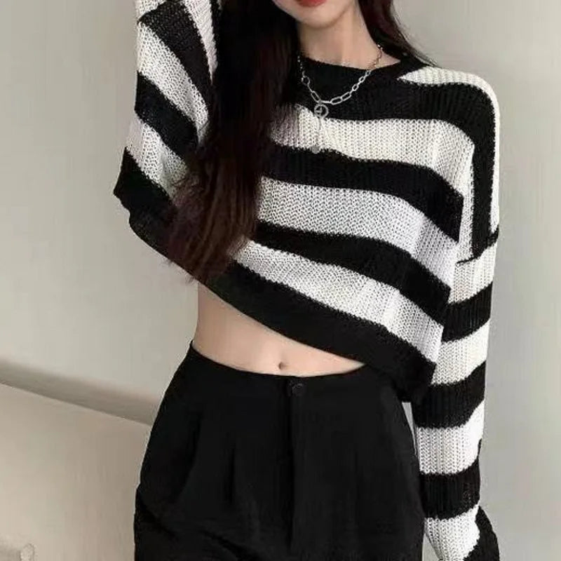 Dames Gebreide Trui Oversized Gestreept Wit - StudioMarella