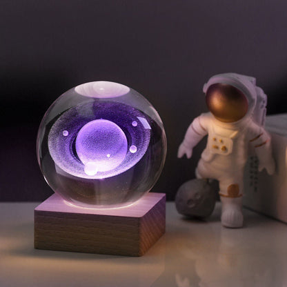 Kristallen Lamp 3D K9 Kristal 6cm LED Houten Basis Nachtlamp Sfeerverlichting Decoratie Cadeau Bureau Woonkamer