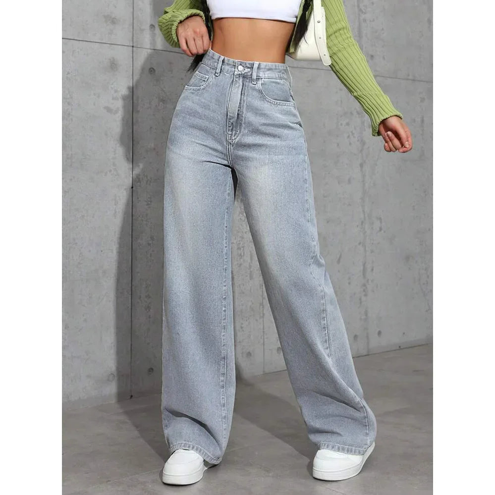 Dames High Waist Wide Leg Jeans Grote Pasvorm Gewassen Look