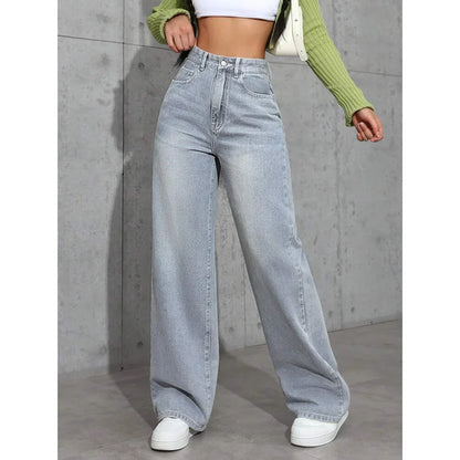 Dames High Waist Wide Leg Jeans Grote Pasvorm Gewassen Look