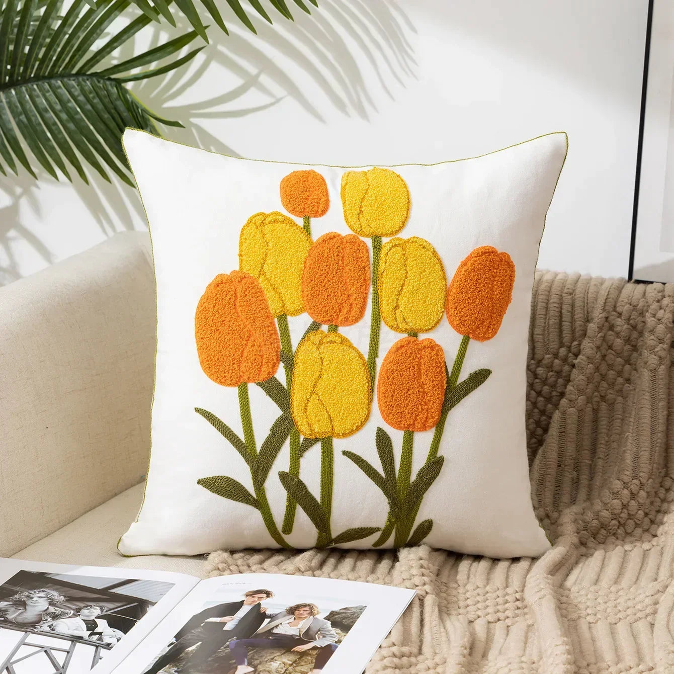 Kussenhoes 45x45cm Katoen Canvas Geborduurd Bloemen Wit Sierkussenhoes Bank Slaapkamer Landelijke Stijl Decoratief