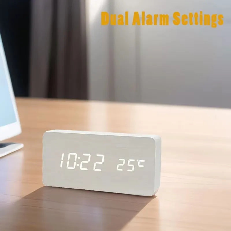 Digitale Wekker Houtlook LED Bamboe Zwart Bruin Temperatuur USB Slaapkamer Bureau 3 Alarmen Instelbare Helderheid 12/24u Tafelklok
