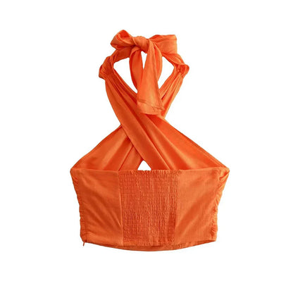 Dames Haltertop Kort Oranje Gekruist Design