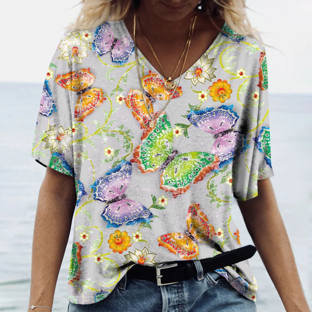 Vrouwelijk Bloemen Shirt met Kleurrijke Vlinder Print