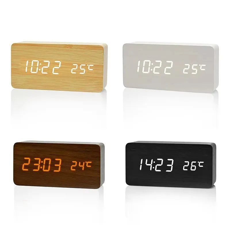 Digitale Wekker Houtlook LED Bamboe Zwart Bruin Temperatuur USB Slaapkamer Bureau 3 Alarmen Instelbare Helderheid 12/24u Tafelklok