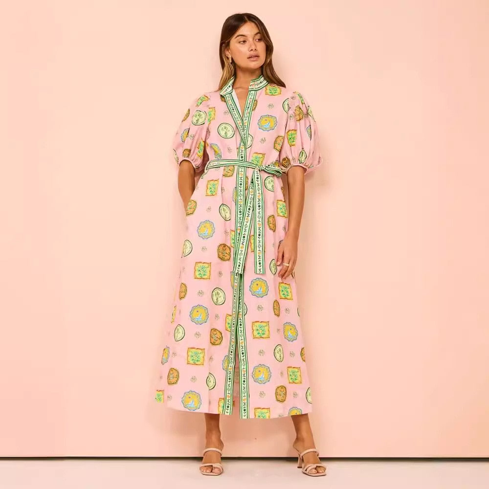 Vrouwelijke Jurk Korte Mouwen Bloemenprint ZomerJurk Retro