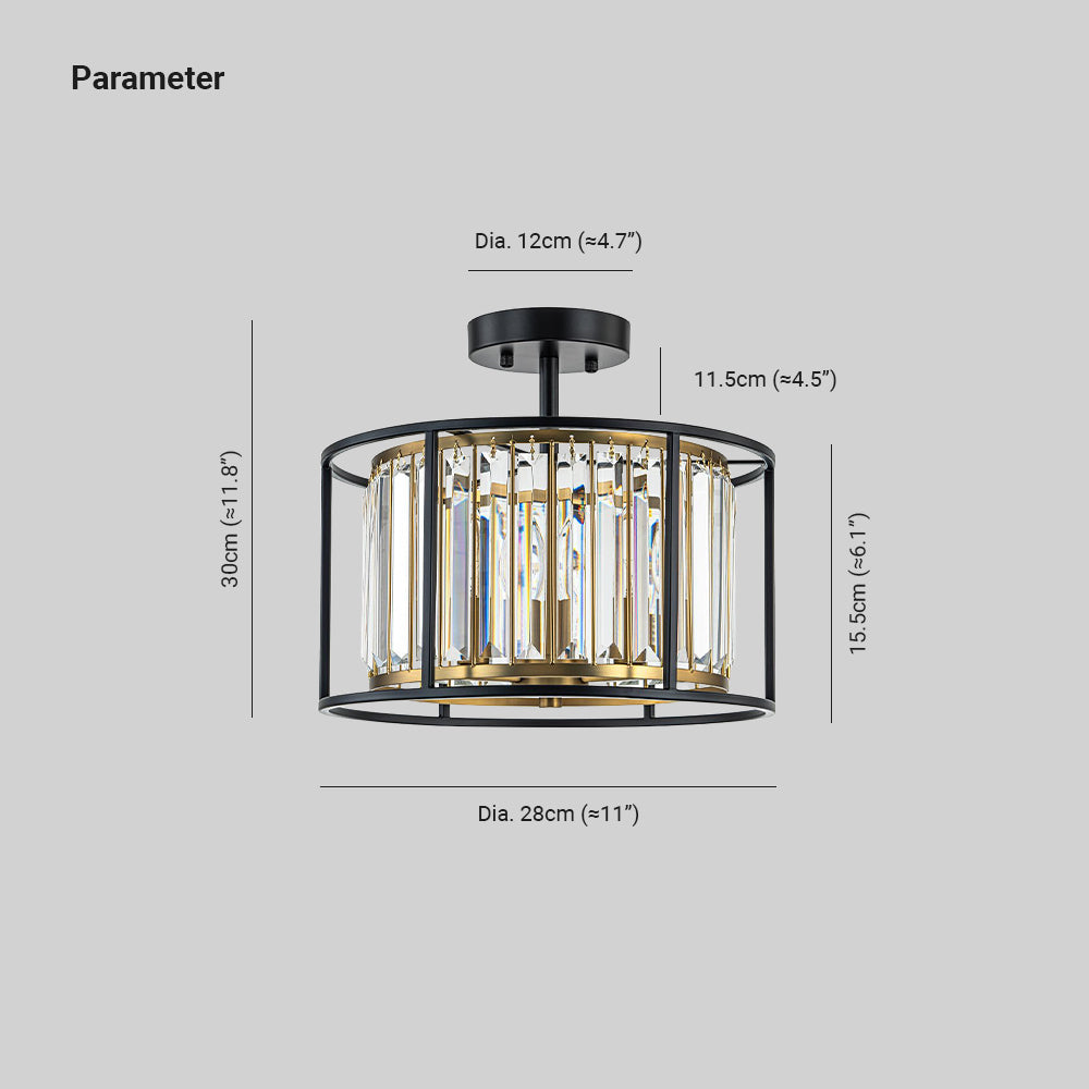 Minimalistische Semi-Plafondlamp met Kristallen Accenten 3-Lichtpunten Zwart-Gouden Afwerking Drumvormig Frame E12 Fitting