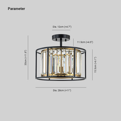 Minimalistische Semi-Plafondlamp met Kristallen Accenten 3-Lichtpunten Zwart-Gouden Afwerking Drumvormig Frame E12 Fitting