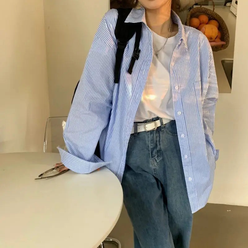 Dames Oversized Overhemd Blauw met Lange Mouwen en Strepen