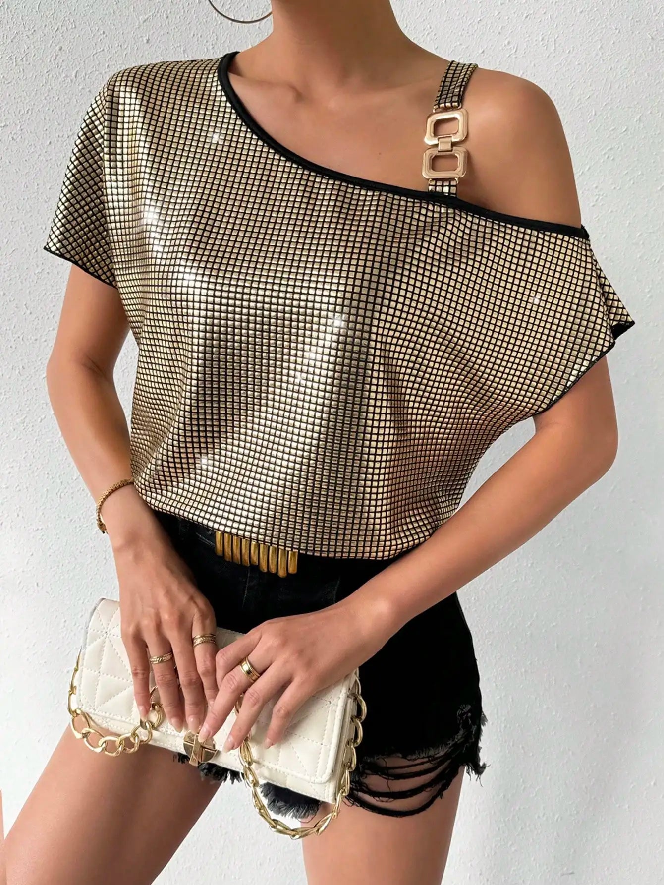 Vrouwelijke Top met Kraag Asymmetrisch Design