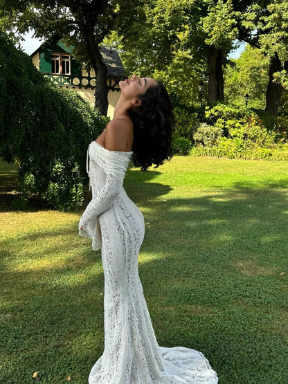 Off-Shoulder Maxi Jurk met Kant en Ruffles Elegante Vrouwelijke Stijl