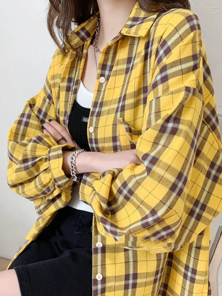 Dames Oversized Hemd Lange Mouwen Blauw Geruit