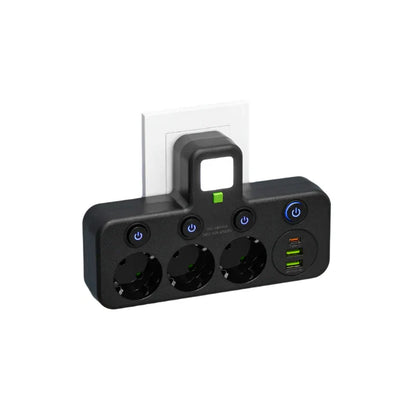 Meervoudige stekkerdoos met USB en USB-C, schakelaar en overspanningsbeveiliging
