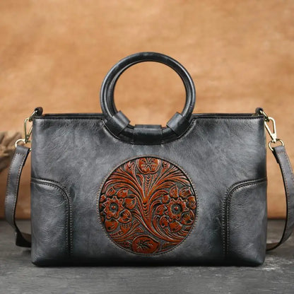 Handgemaakte Leren Damestas met Vintage Reliëfpatroon Schoudertas Elegante Dagtas Retro Design Stijlvol