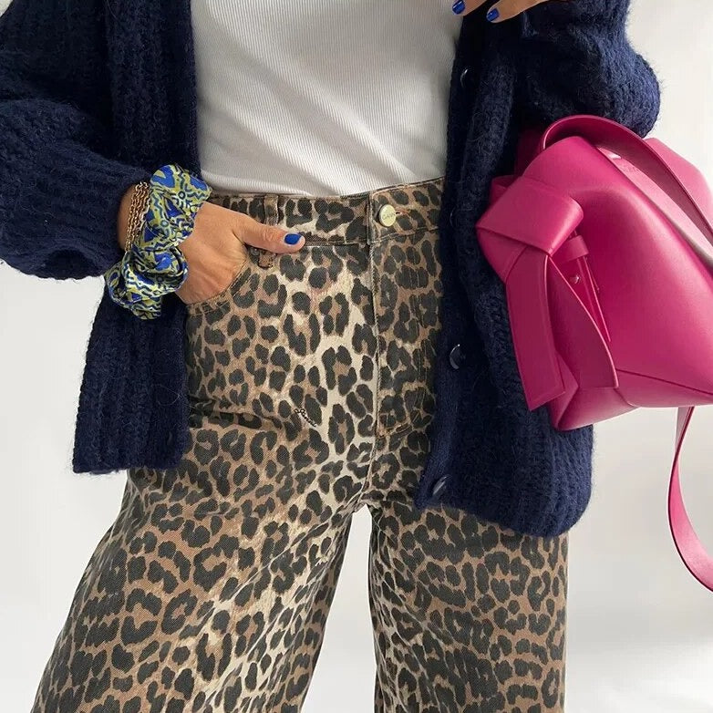 Damesjeans Hoge Taille met Luipaardprint Elastisch