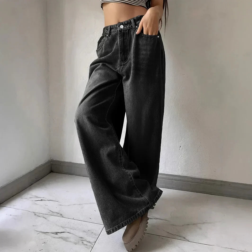 Dames Jeans Hoge Taille Breed Been Zwart/Blauw