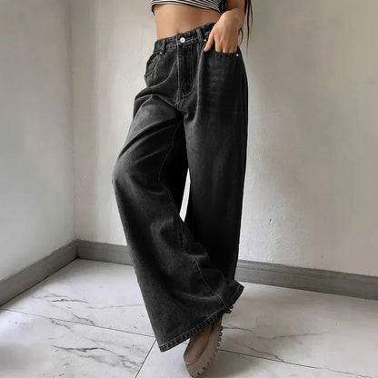 Dames Jeans Hoge Taille Breed Been Zwart/Blauw