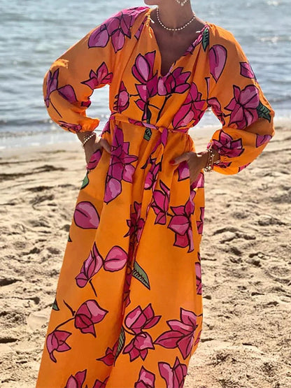 Lange Maxi Jurk met Mouwen Bloemenprint voor Vrouw