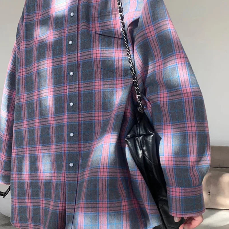 Dames Blouse Oversized Geruit Blauw met Zakken