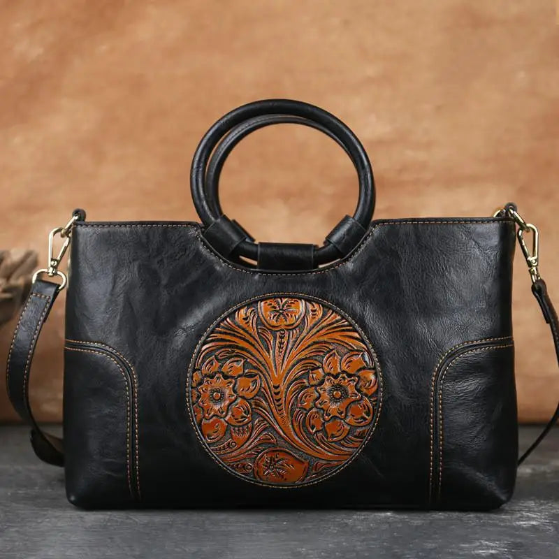Handgemaakte Leren Damestas met Vintage Reliëfpatroon Schoudertas Elegante Dagtas Retro Design Stijlvol