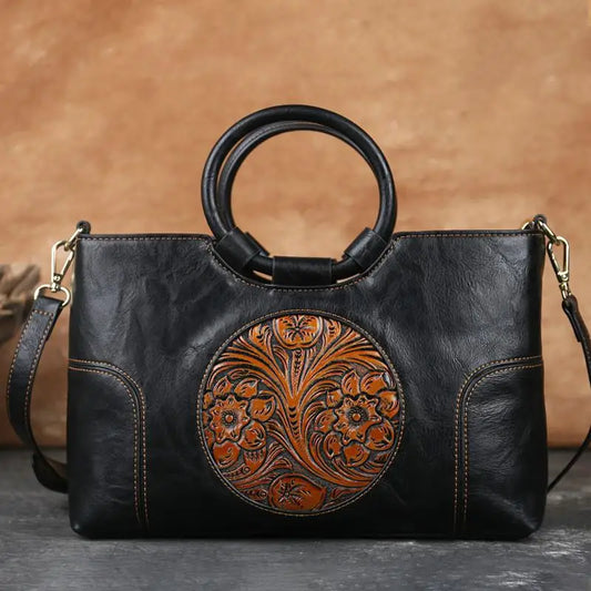 Handgemaakte Leren Damestas met Vintage Reliëfpatroon Schoudertas Elegante Dagtas Retro Design Stijlvol