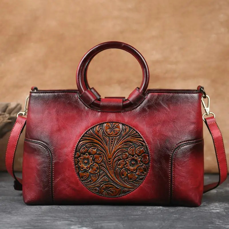 Handgemaakte Leren Damestas met Vintage Reliëfpatroon Schoudertas Elegante Dagtas Retro Design Stijlvol