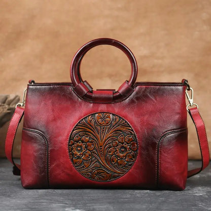 Handgemaakte Leren Damestas met Vintage Reliëfpatroon Schoudertas Elegante Dagtas Retro Design Stijlvol