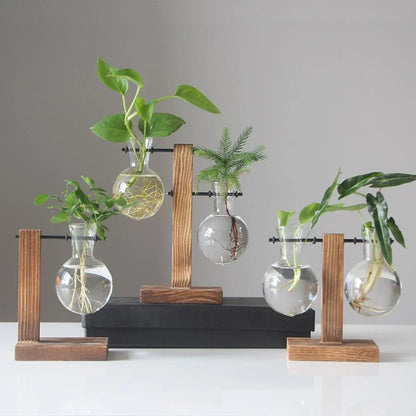 Glazen Vaas op Houten Standaard Decoratief Retro Hydroponics Plantenpot Transparant Glas Sfeeraccent voor Bloemen en Stekjes